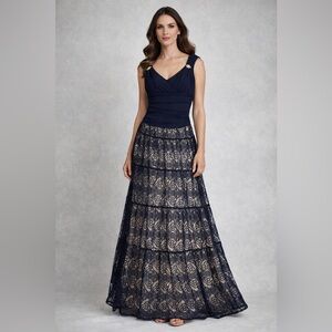 Navy Lace Tiered Evening Gown